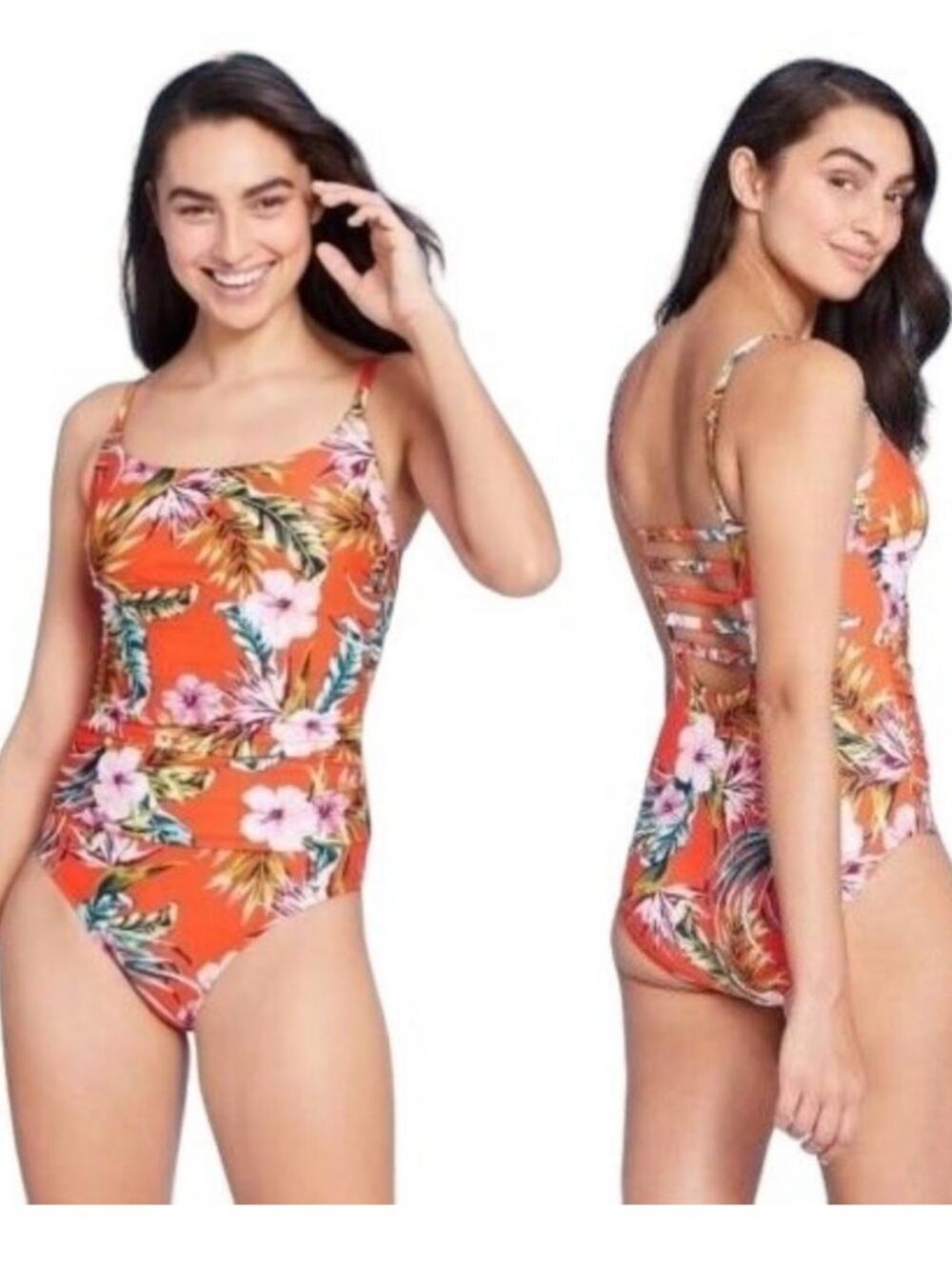 Kona Sol | One Piece Swimsuit Strappy Back Shirred Floral Tropical Orange Small